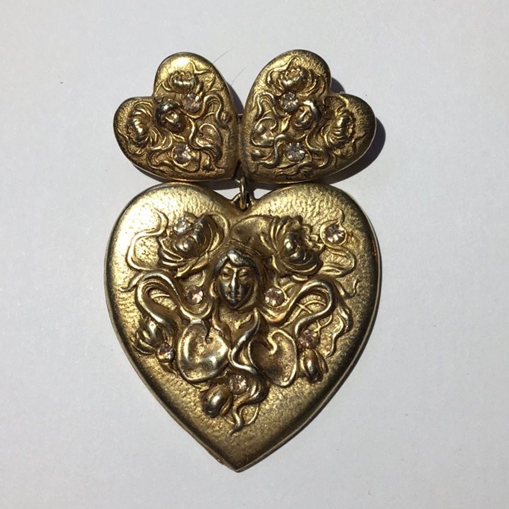 Triple Heart Art Nouveau Vintage Lady Of The Lake Brooch Rhinestones Gold Tone